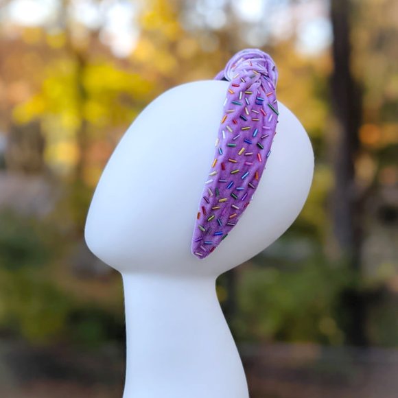 Lilac Confetti Beaded Knot Velvet Headband Rainbow Beads Handmade Knotted Turban